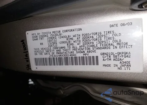 2003 Toyota 4Runner Sr5 V6 из США, поврежденный, VIN JTEZU14RX30014840